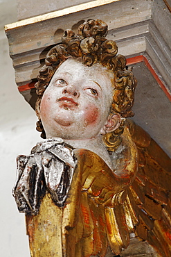 Cherub on altar of Heiligkreuztal Cathedral, Riedlin, Baden-Wuerttemberg, Germany, Europe