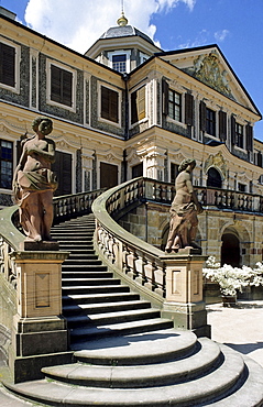 Grand staircase leading up to rear entrance to Schloss Favorite, Favourite Palace, rococo style, Rastatt, Baden-Wuerttemberg, Germany, Europe