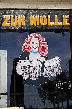 Large-breasted waitress carrying beer jugs, drawn figure on a windowpane, ostalgie tavern Zur Molle, Seebad Bansin, Usedom Island, Mecklenburg-Western Pomerania, Germany, Europe