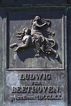 Beethoven monument, woman rides a human lioness, mythological relief, Bonn, NRW, Germany