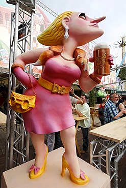 Snooty-nosed woman, caricature in front of a beer tent, Rhine funfair, Duesseldorf, NRW, Germany