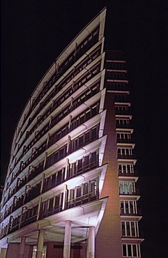 Illuminated building at Hanseatic Trade Center HTC at Hafencity Hamburg Germany