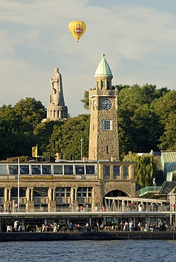 Hot-air ballon passing Landungsbrucken und Bismark Memorial at Hamburg Harbour, Hamburg, Germany