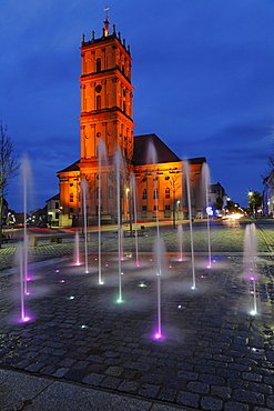 Fountain in front of Stadtkirche (church) Neustrelitz, Mecklenburg-Western Pomerania, Germany