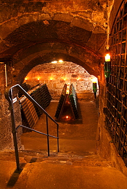 Entrance to an old vault cellar used for the storing and fermentation of champagne, Kessler sparkling winery, Esslingen, Baden-Wuerttemberg, Germany, Europe