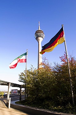 Telecommunications-tower with flags, Duesseldorf, North Rhine- Westphalia, Germany