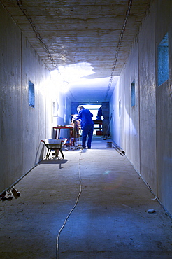 Construction worker, cables, house shell