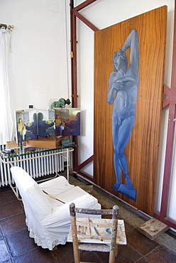 Artist's studio and the last unfinished painting in the summer house of surrealist painter Salvador Dali and his wife Gala in Port Lligat, Girona Province, Spain