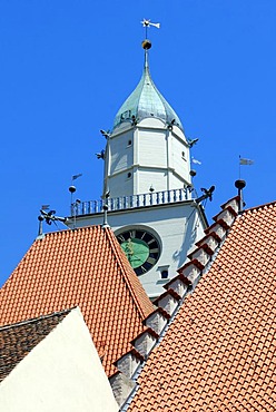 Pitched roof and Cathedral tower, Ueberlingen am Bodensee, Baden-Wuerttemberg, Germany, Europe