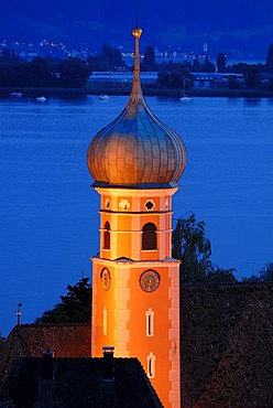 Baroque onion dome of the Nikolauskirche Church in the evening, Allensbach, Constance district, Baden-Wuerttemberg, Germany, Europe