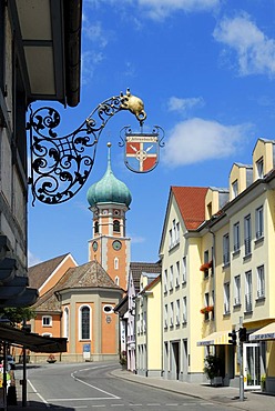 Sign with coat of arms of the the municipality and the Nikolauskirche Church, Allensbach, Constance district, Baden-Wuerttemberg, Germany, Europe