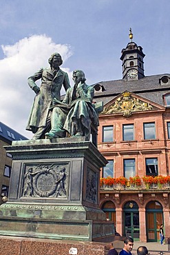 National monument of the Grimm Brothers in front of the Neustaedter town hall, Hanau, Hesse, Germany