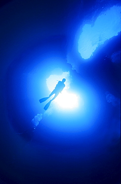 A diver in an underwater cave Palau Micronesia.