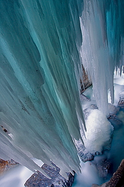 Icicles formed at Partnachklamm Gorge in wintertime, Garmisch-Partenkirchen, Bavaria, Germany, Europe