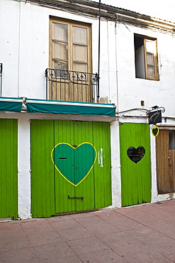 Hearts painted on doors, historic city centre, Eivissa, Ibiza, Balearic Islands, Spain