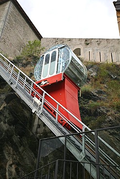 Modern meets history: The inclined elevator of the castle of Bard, hosting the ultra modern and recently opened museo delle Alpi, Aosta valley, Italy