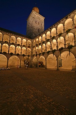 Courtyard of Stockalper castle at dusk in Brig, Valais, Switzerland