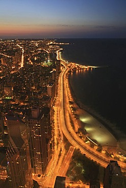 The Strand hook of North Avenue Beach at dusk on Lakeshore Drive, Chicago, Illinois, USA