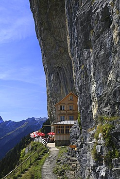 Aescher tavern in the steep facing north flank of Ebenalp mountain, Appenzell, Switzerland