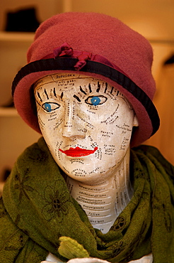 Bust wearing hat and shawl, decorative piece in clothing shop in Erlangen, Middle Franconia, Bavaria, Germany, Europe