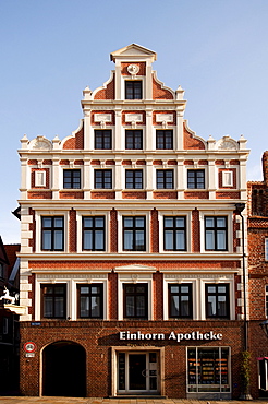 Facade of the Einhorn-Apotheke, Einhorn Apothecary, Neoclassicism, Lueneburg, Lower Saxony, Germany, Europe