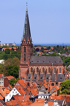 View from the water tower onto Nikolai Church, Lueneburg, Lower Saxony, Germany, Europe