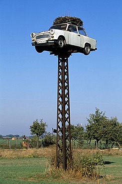 Trabant, stork's nest, Neustrelitz, Mecklenburg-Vorpommern, Germany