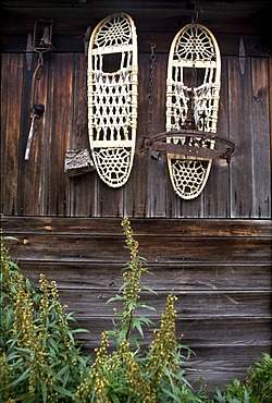 Snow shoes hanging on a gold digger's hut, Denali Village, Denali National Park, Alaska