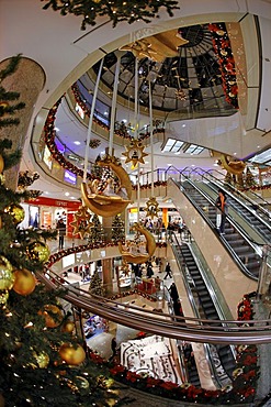 City Point department store, decorated for Christmas, shopping center, escalator, Nuremberg, Middle Franconia, Bavaria, Germany, Europe