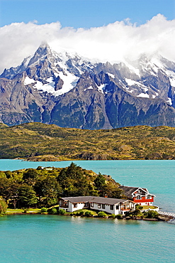 Lodge Hosteria Pehoe on Lake Pehoe, Torres del Paine National Park, Patagonia, Chile, South America