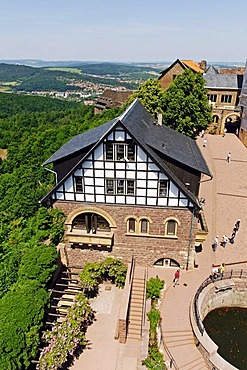 Hall in the Wartburg Castle, view of the Thueringer Wald, Thuringia Forest, Eisenach, Thuringia, Germany, Europe