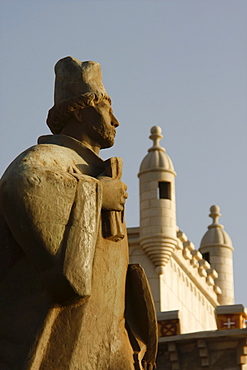 Monument to Alfonso Diogo and the Torre de Belem tower in Mindelo on Sao Vicente Island, Cape Verde Islands, Cape Verde, Africa