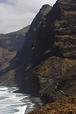 Steep coastline and black sand beaches of Santo Antao Island, Cape Verde, Africa