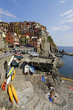 Picturesque cliff-top houses and the marina, harbour, of the village of Manarola in Cinque Terre, Liguria, Italy, Europe