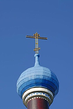 Church-tower with cross of the Orthodox temple of St. Ludmila in Rimice, Czech Republic, Europe