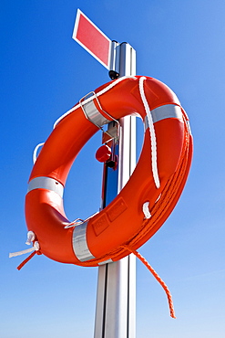 Rescue buoy at a harbour basin, Nordwestmecklenburg, Mecklenburg-Western Pomerania, Germany, Europe