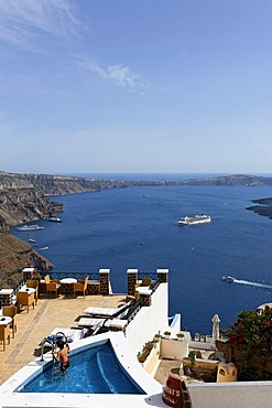 View from Hotel in Imerovigli to the caldera, Santorin, Aegean Sea, Greece, Europe