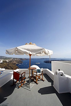 View from Hotel in Imerovigli to the caldera, Santorin, Aegean Sea, Greece, Europe