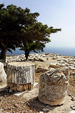 Antiques ruines of old Thira, mountain Messavouno, Santorin, Aegean Sea, Greece, Europe