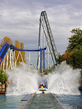 Water slide Poseidon and roller coaster Silverstar in the Europapark Rust, Baden-Wuerttemberg, Germany