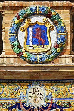 Coat of arms of Badajoz at the Palacio de Espana, Seville, Andalusia, Spain