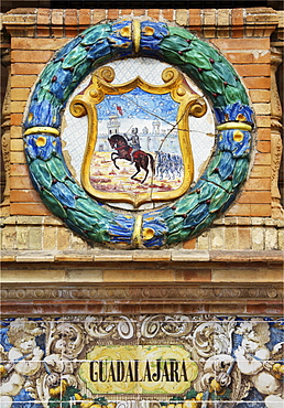 Emblem of Guadalajara on the palace Palacio de Espana, Seville, Andalusia, Spain