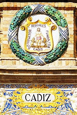 Emblem of Guadalajara on the palace Palacio de Espana, Seville, Andalusia, Spain