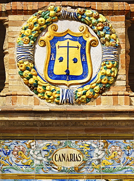 Coat of arms of the Canary Islands at the Palacio de Espana, Seville, Andalusia, Spain