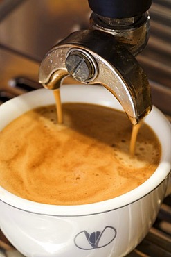 A cup of coffee is prepared with an espresso machine