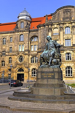 Memorial of Otto von Guericke and new townhall, Magdeburg, Saxony-Anhalt, Germany