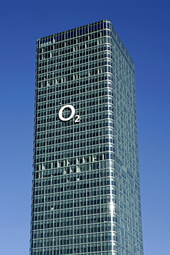 O2 (telecommunications company) logo on a high-rise in Munich, Bavaria, Germany, Europe