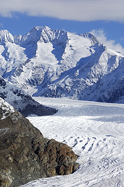 Big Aletsch glacier in front of snowy mountains in the Aletsch area, Goms, Valais, Switzerland