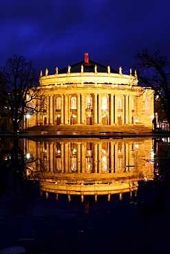 Night shot of the Stuttgart Staatsoper and reflection, Stuttgart, Baden-Wuerttemberg, Germany, Europe