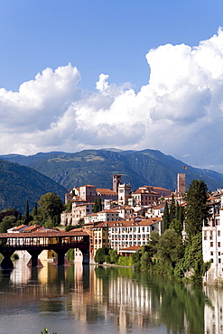 View of the city, Brenta River, Alpini's Bridge, Bassano del Grappa, Veneto, Italy, Europe